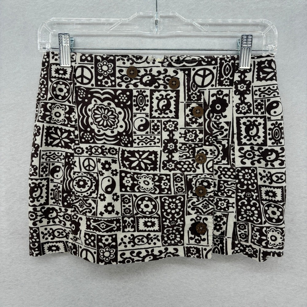 Urban Outfitters Yin Yang Mini Skirt SMALL Brown‎ White Patchwork Peace Flower